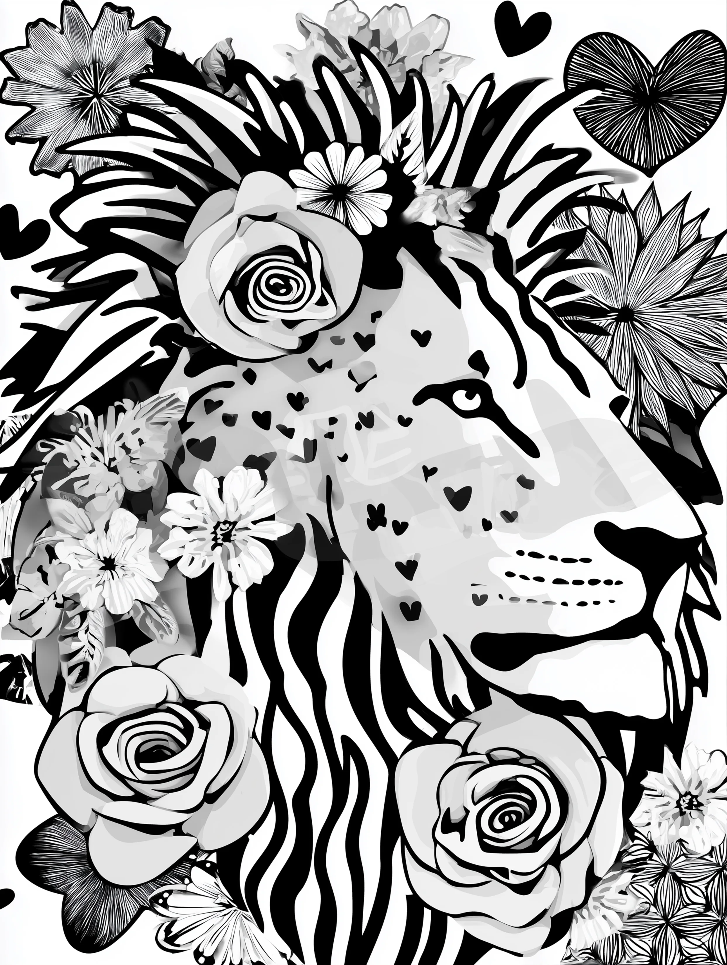 Free printable zoo coloring sheet featuring a lion face with flowers